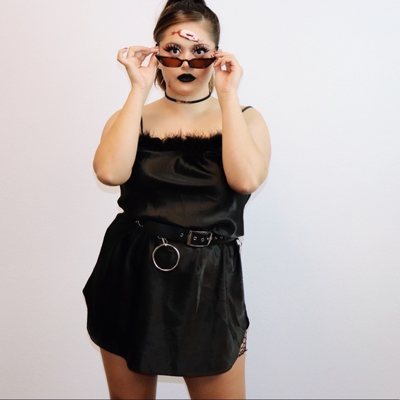 SOLD❤️ Vintage Black Romantic Moods Boa Trimmed Lingerie Slip Dress